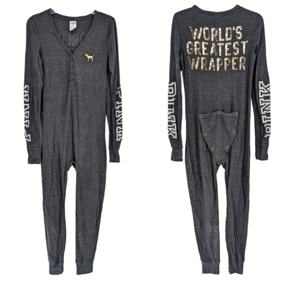 VS Pink One Piece Pajamas Bling Gray Thermal with Gold Sequins Size Medium - Picture 2 of 9